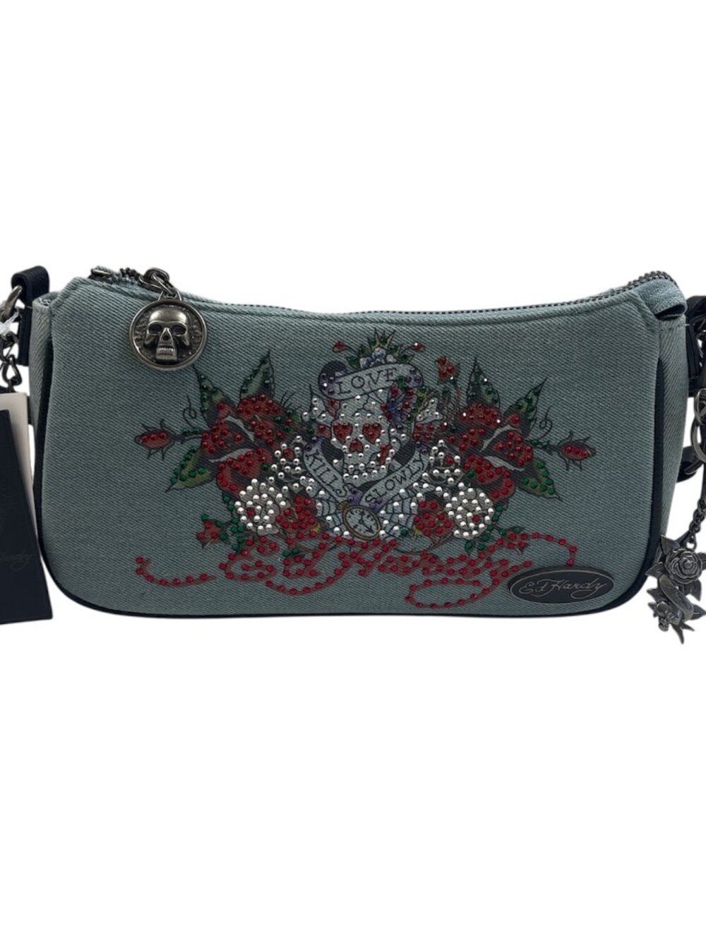 Ed Hardy Love Kills Denim Skull Bedazzled Crossbody Bag- Y2K - NWT